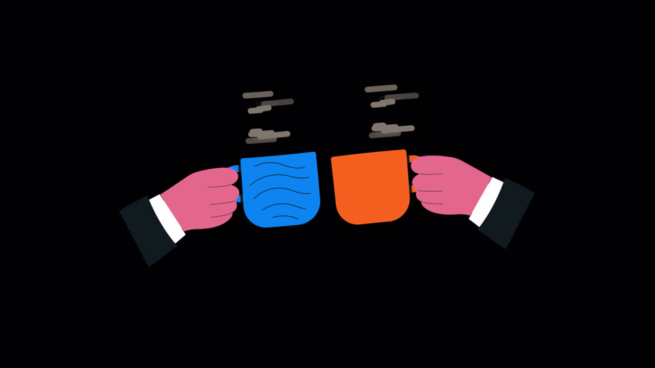 Animated Hands Clinking Coffee Mugs with Rising Steam