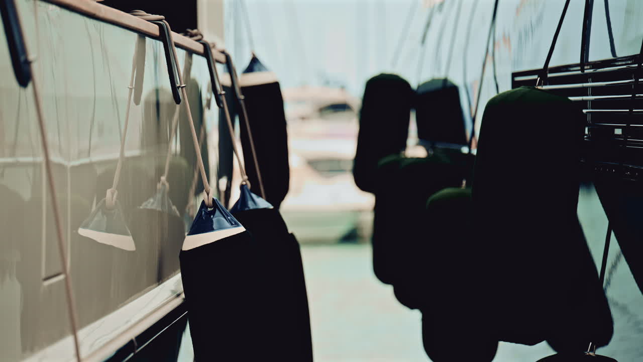 Close up of dark boat fenders hanging along the side of a yacht in a marina, gently separating neighboring boats floating on calm water