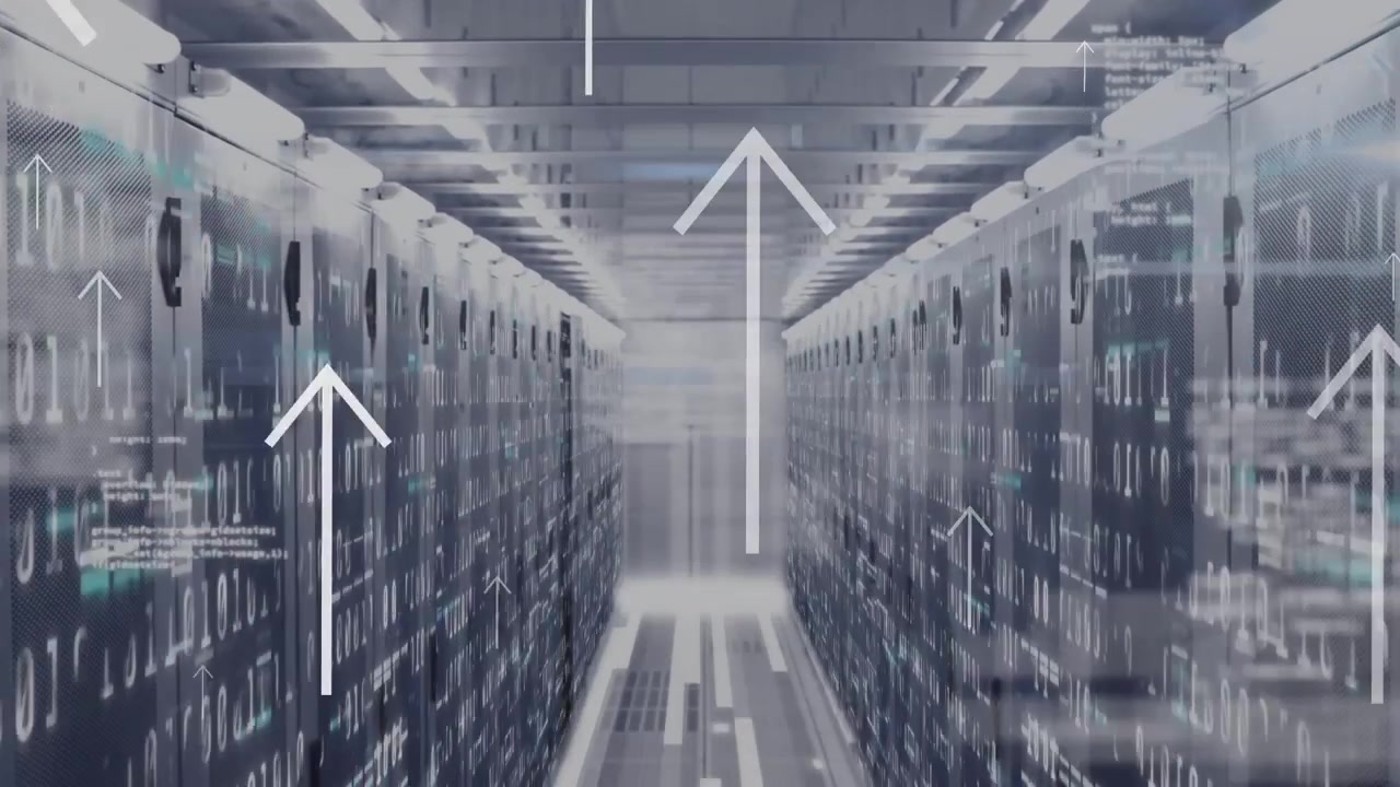 Animation of arrow icons floating over data processing and mosaic squares against server room