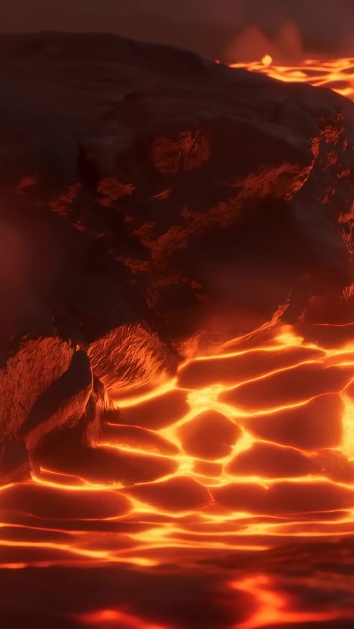 Vertikales Video: Fließende geschmolzene Lava wird von aufsteigendem Magma in helle Spalten an felsigen Vorsprüngen gedrückt.