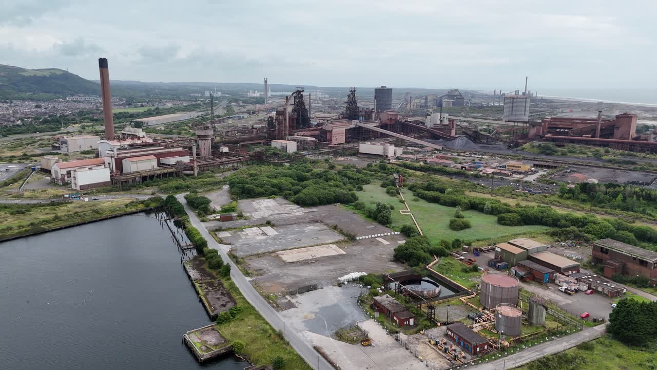 Steel works Port Talbot , Wales UK drone,aerial push in shot