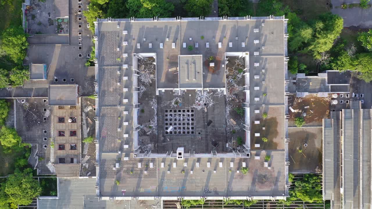 Aerial top down of the abandoned Haludovo Palace Hotel in Krk, a Croatian Island