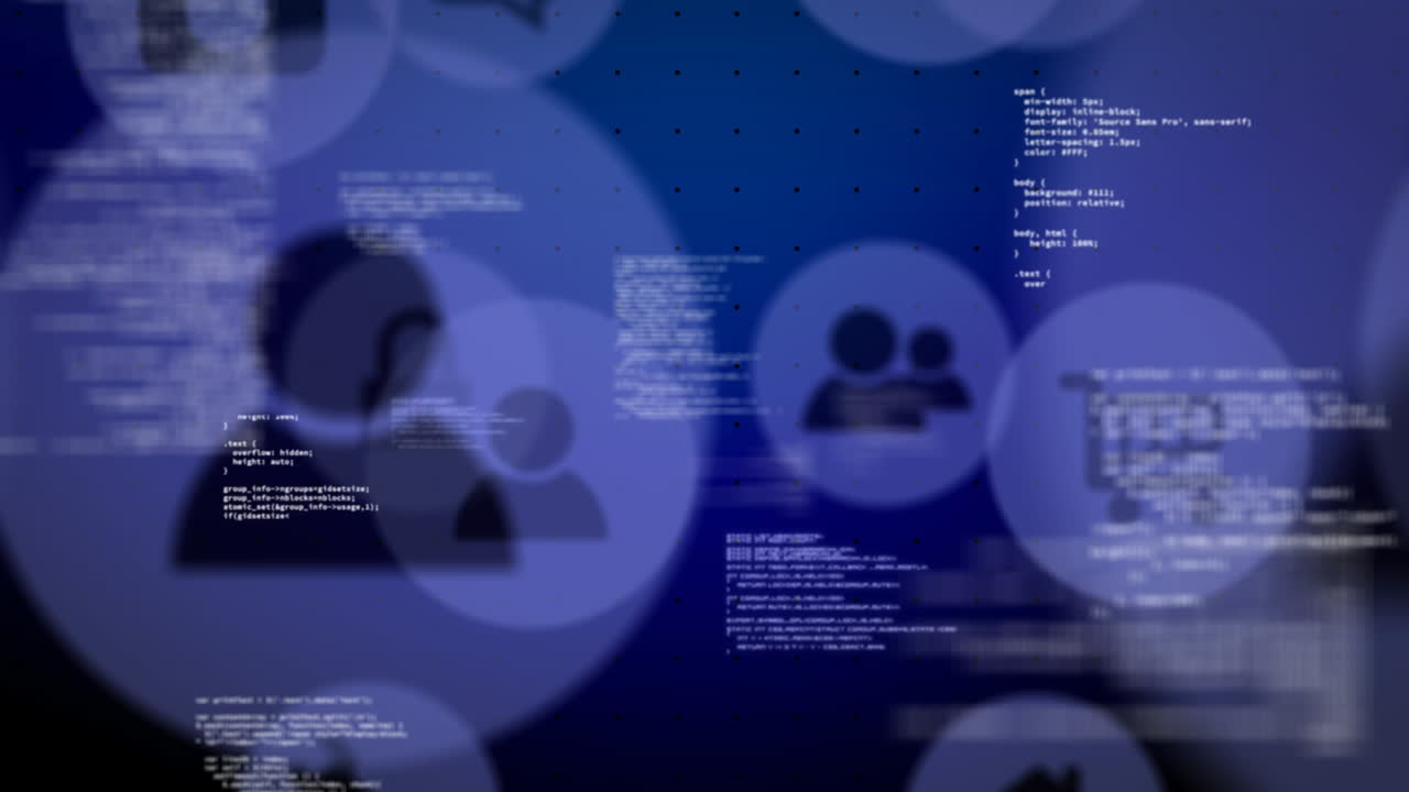 Animation of data processing and media icons on blue background