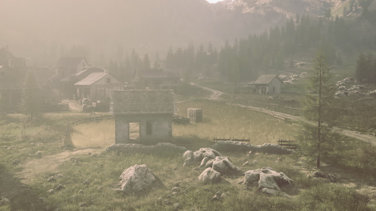 Misty morning in a quiet village surrounded by nature