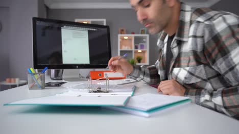Working at home at the computer.