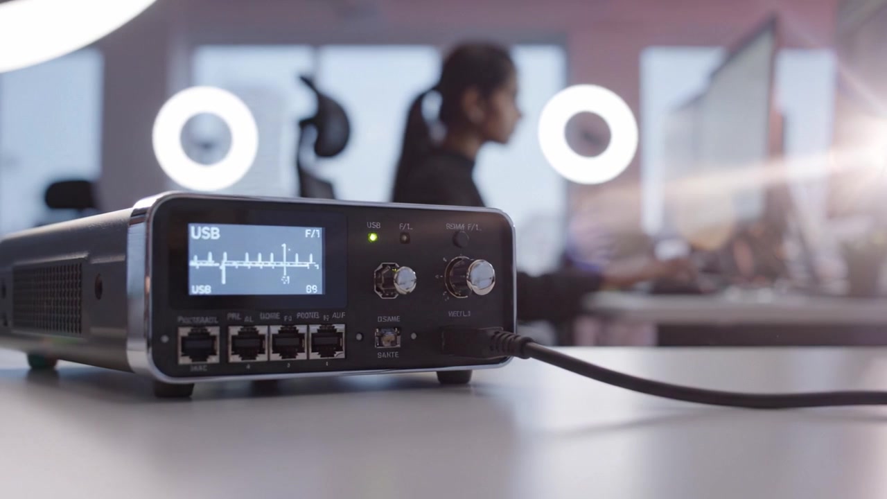 High-tech audio rozhraní používané v moderním pracovním prostoru se zaměřením na USB konektivitu a profesionální audio nastavení, zachycené ve dvou odlišných záběrech.