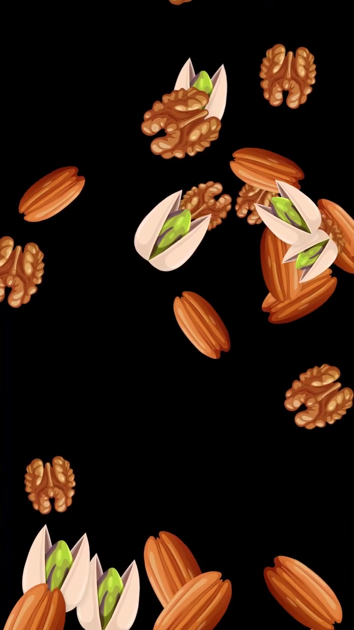 Graphic illustration of almonds, pistachios, and walnuts falling vertically through a dark void.