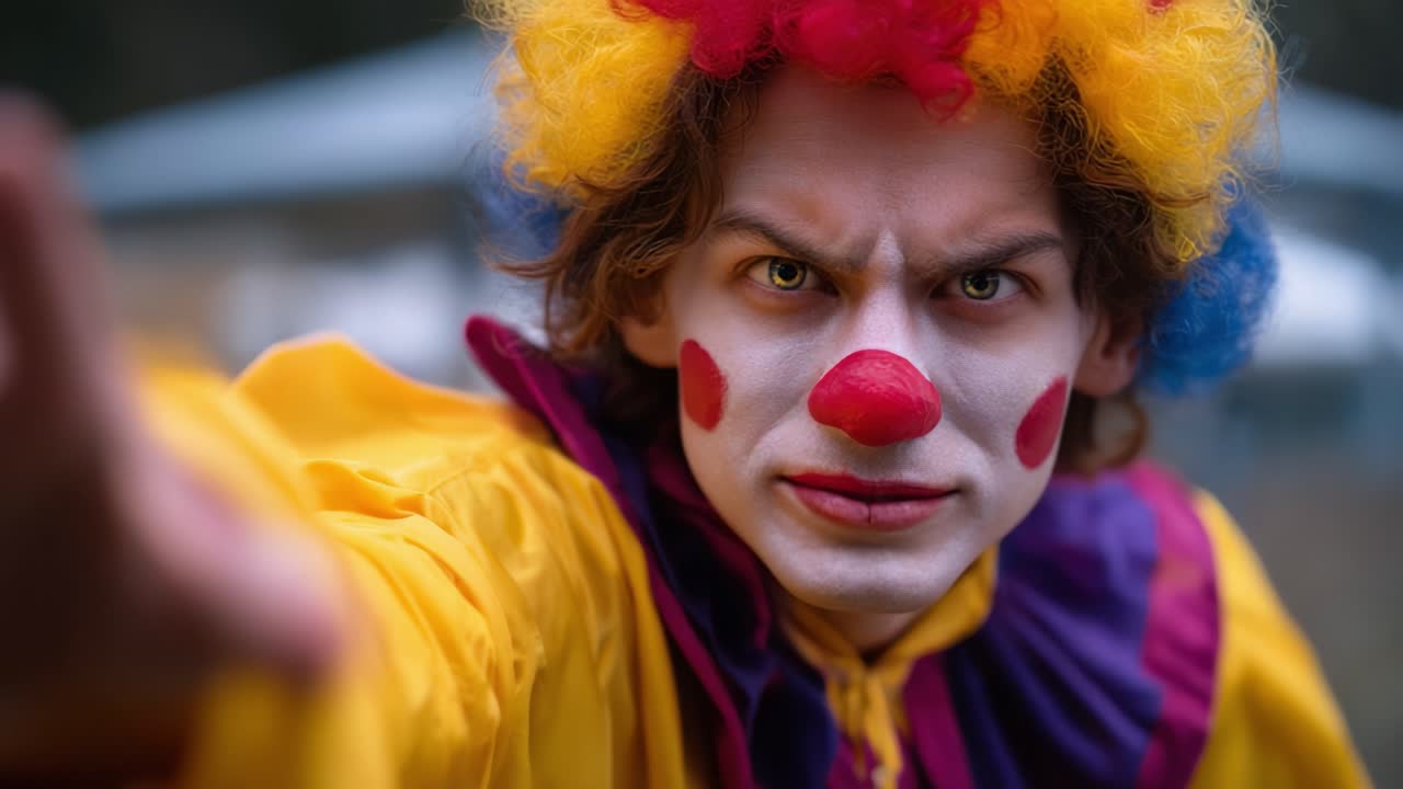A Frightening Clown with Intense Expression and Vivid Costume Captured in Two Dramatic Frames, Evoking Strong Emotions and Showcasing Unsettling Behavior