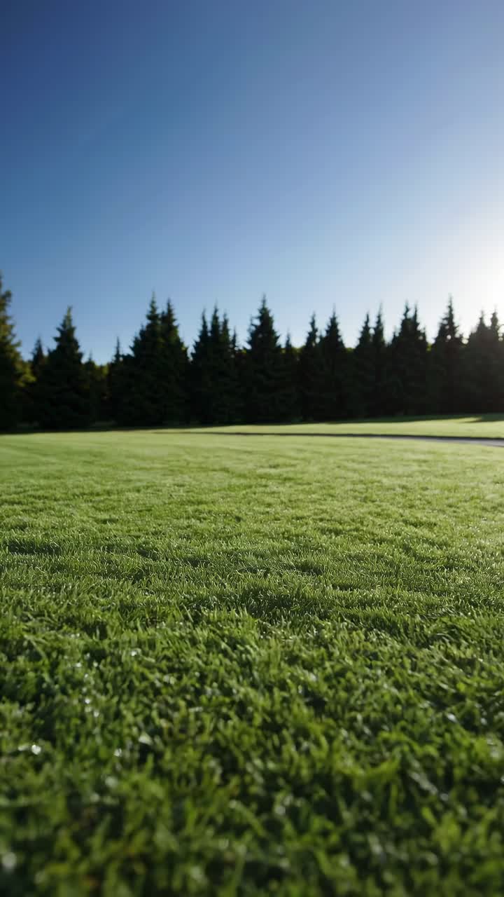 Plano en ángulo bajo de un exuberante campo verde con una hilera de árboles bajo un cielo azul despejado, perfecto