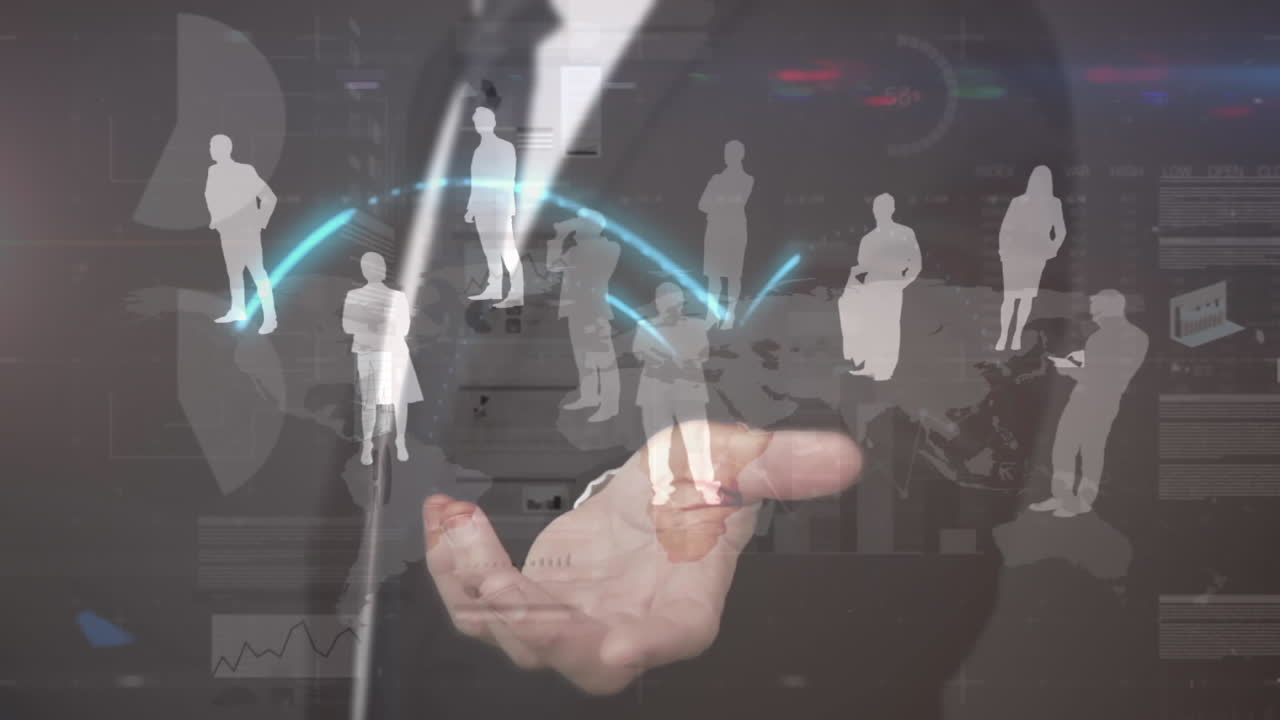 Animation of connecting people, world map and businessman using interface and data processing