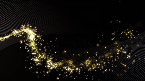 animation of sparkling gold firework over white parallel curved lines, moving on black