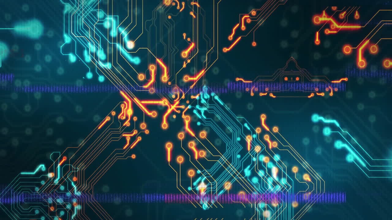 빛나는 선과 노드와 함께 회로 보드 및 데이터 흐름 애니메이션