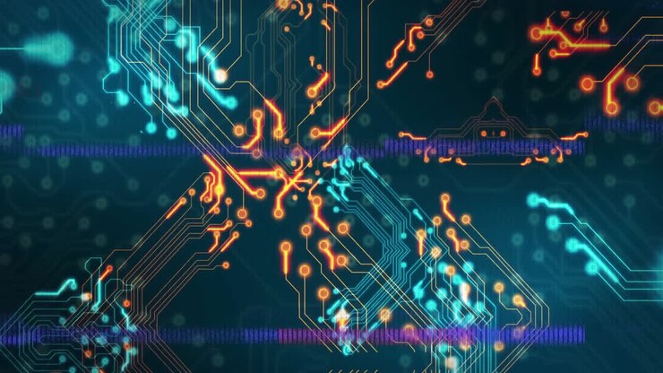 Circuit board and data flow animation with glowing lines and nodes