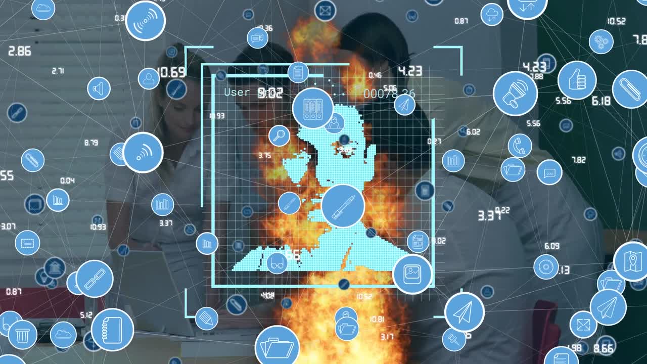 데이터 처리 및 사람들의 애니메이션 다양한 비즈니스 사람들에서 아이콘을 이야기