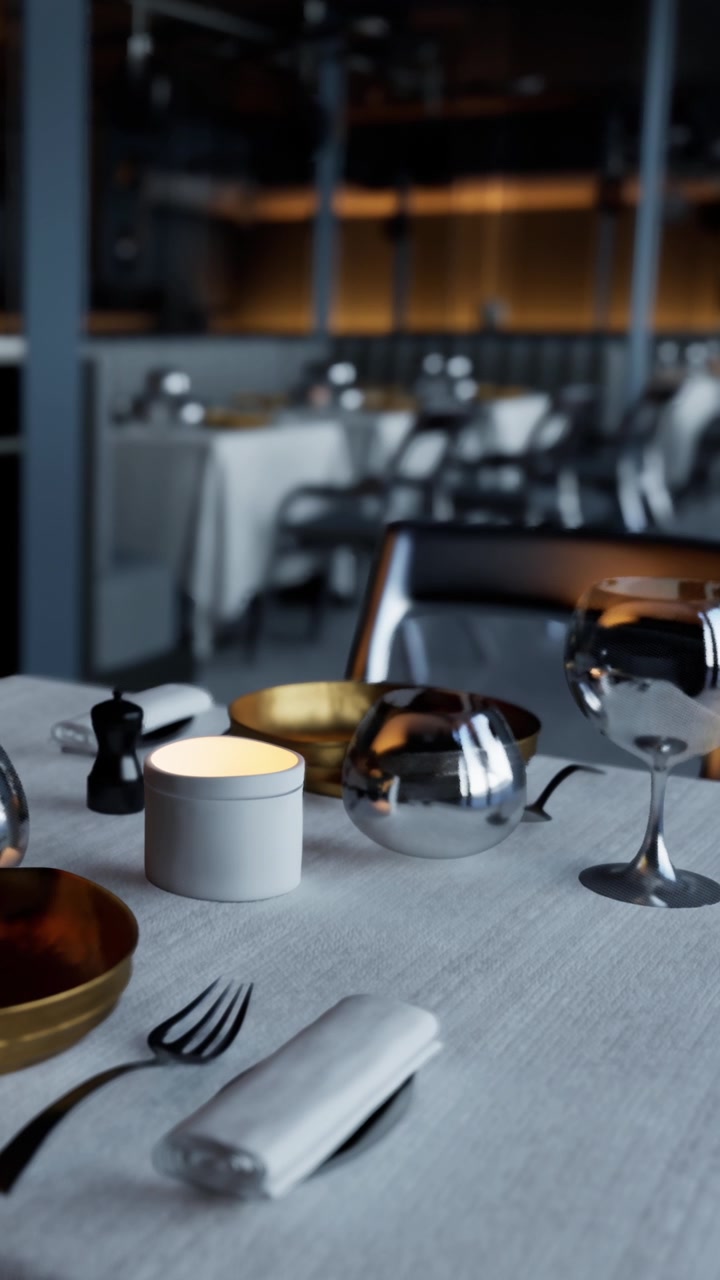 Tavolo elegante di ristorante apparecchiato per la cena con luce soffusa la sera