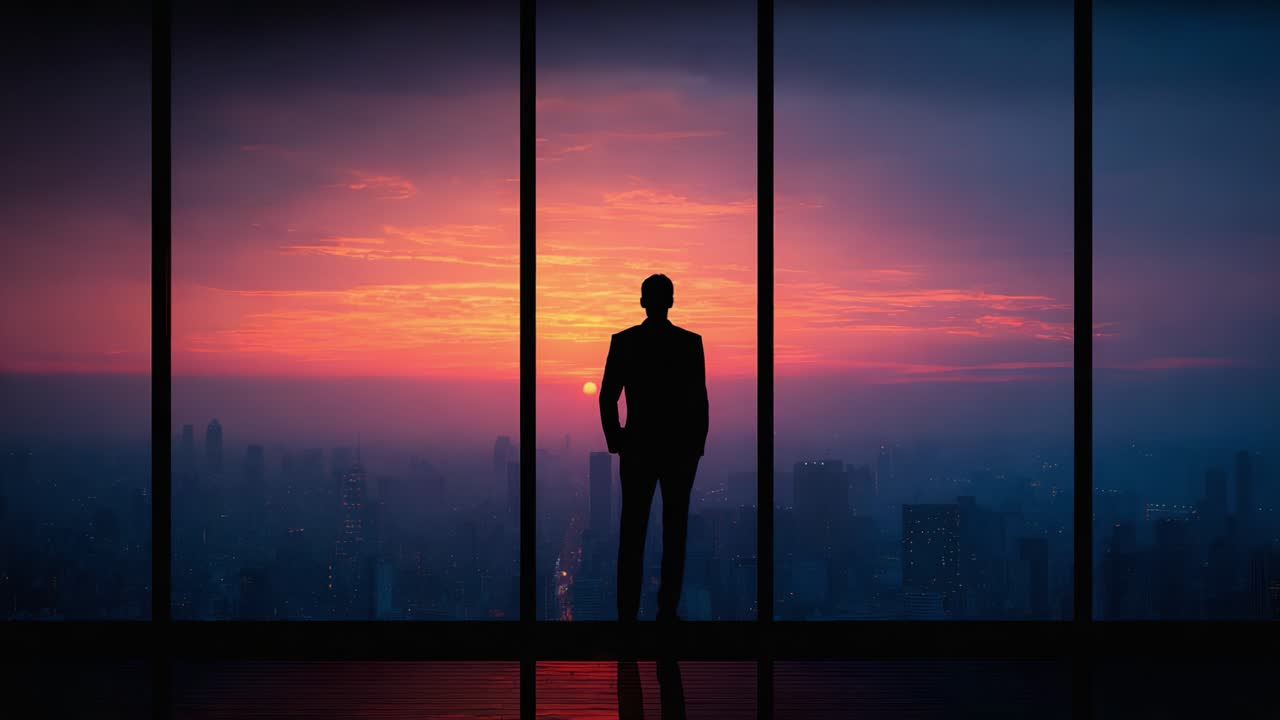Une silhouette contemplative d'un homme sur fond d'un magnifique coucher de soleil, encadrée par des fenêtres vitrées, surplombant une ligne d'horizon urbaine vibrante, symbolise l'introspection et l'aspiration.