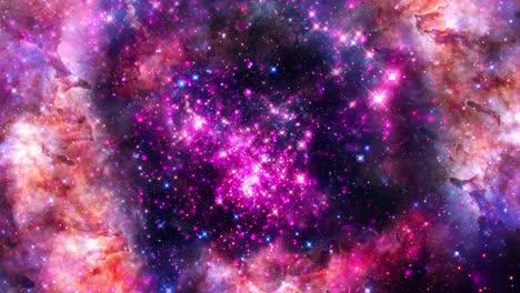 space travel glow pink purple nebula milky way cloud in deep space. 4k 3d seamless loop sci-fi space flight to glow energy gas dust cloud nebula. galaxy astronomy exploration.