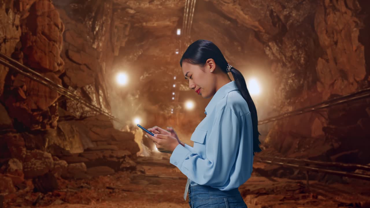 Side View Of Asian Female With Her Smartphone In Underground Mine Tunnel, Checking With Dissapionted And Nodding Her Shead