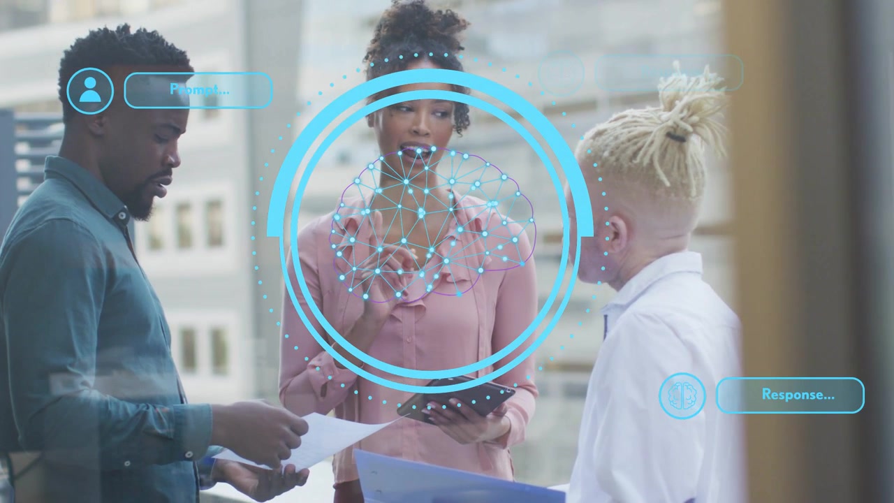 Three business teammates reviewing documents, woman tapping tablet, blue HUD growing, tracking head
