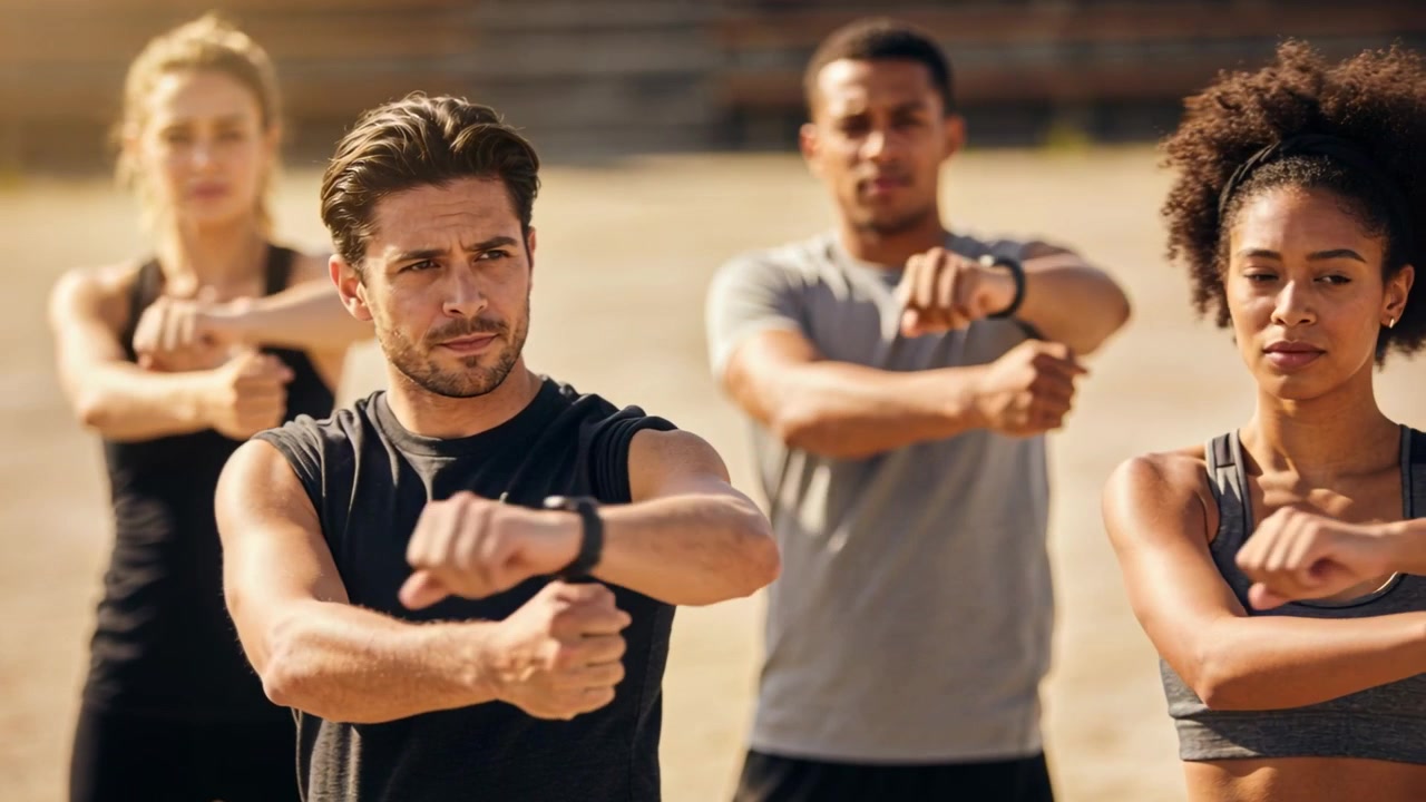 Turning head front-center leader in tank top guiding group arm stretches on field, wrist tracker