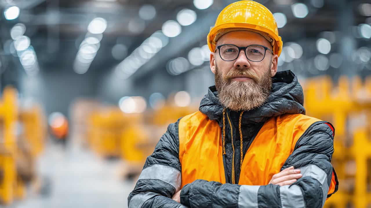 Confident Male Worker in Safety Gear Positively Standing in a Large Warehouse Environment Surrounded by Equipment and Staff, Highlighting Industrial Safety and Professionalism