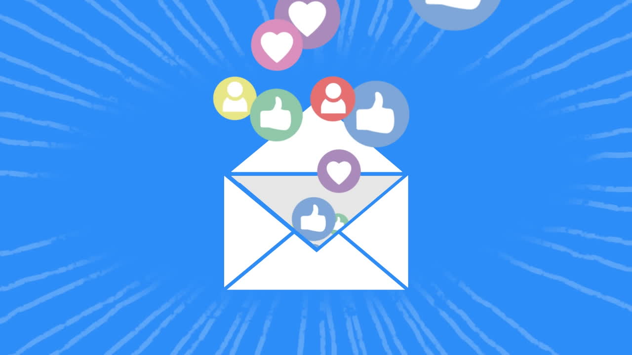 animación de como, corazón, iconos de perfil que salen del sobre sobre un fondo azul