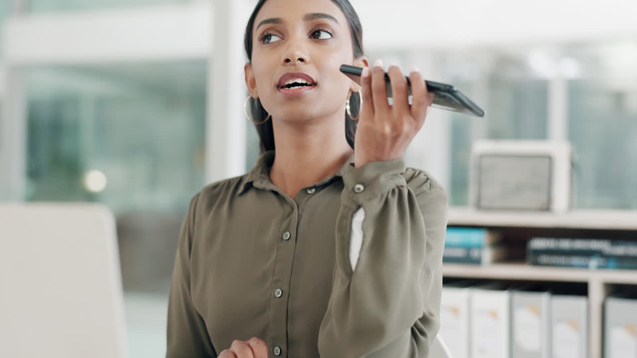 Speaker, voice note and business Indian woman