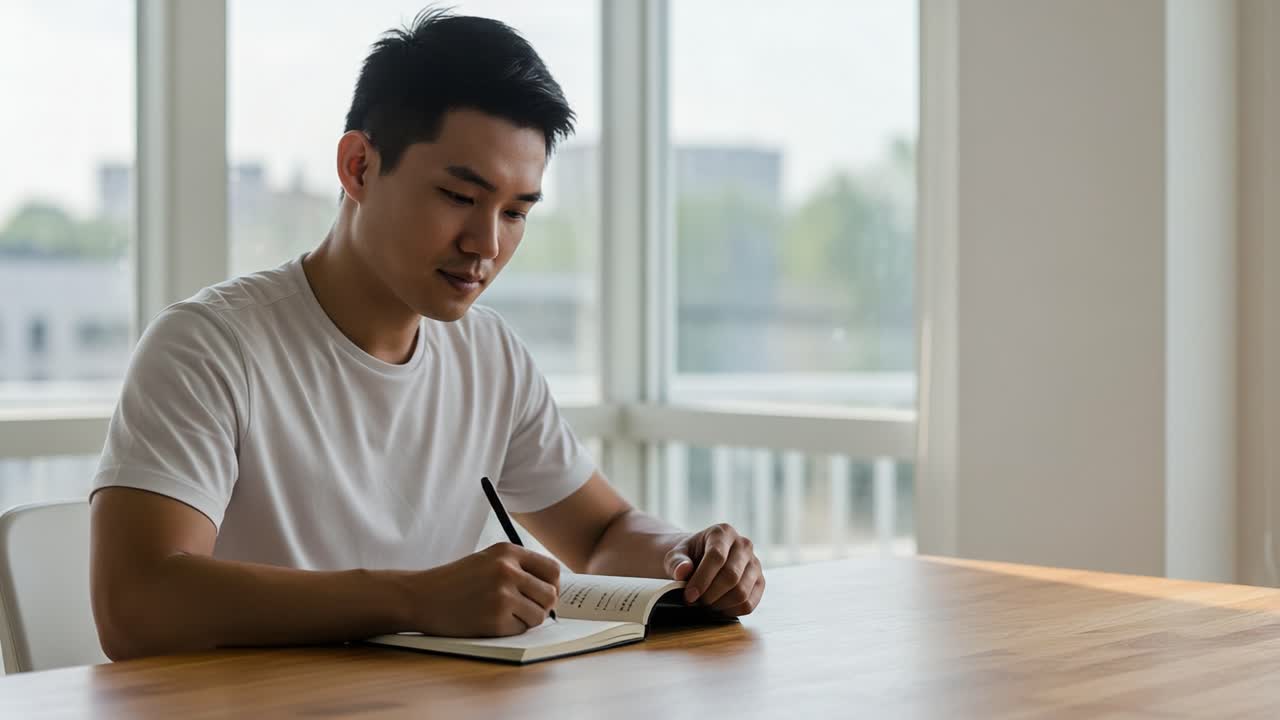 A focused young man engaged in writing diligently in a notebook ...