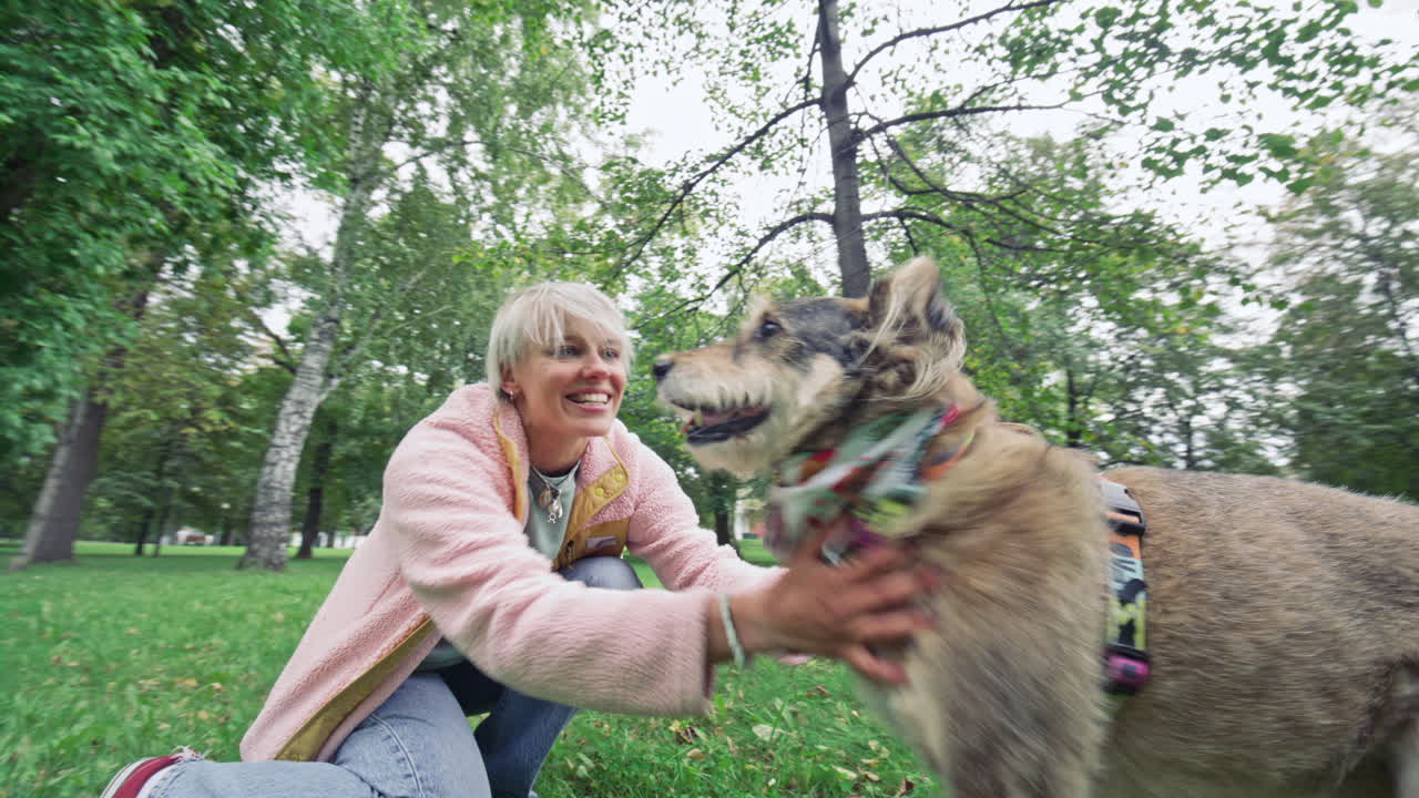 Joyous Woman Petting Playful Dog during Outdoor Walk in Park