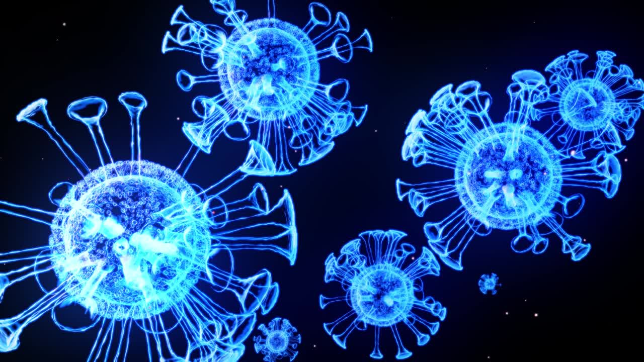 imagen holográfica brillante azul de coronavirus como el virus covid-19 o el virus de la gripe vuela en el aire o flota suavemente en fondo negro. animación 3d en 4k en bucle. para presentación informativa.