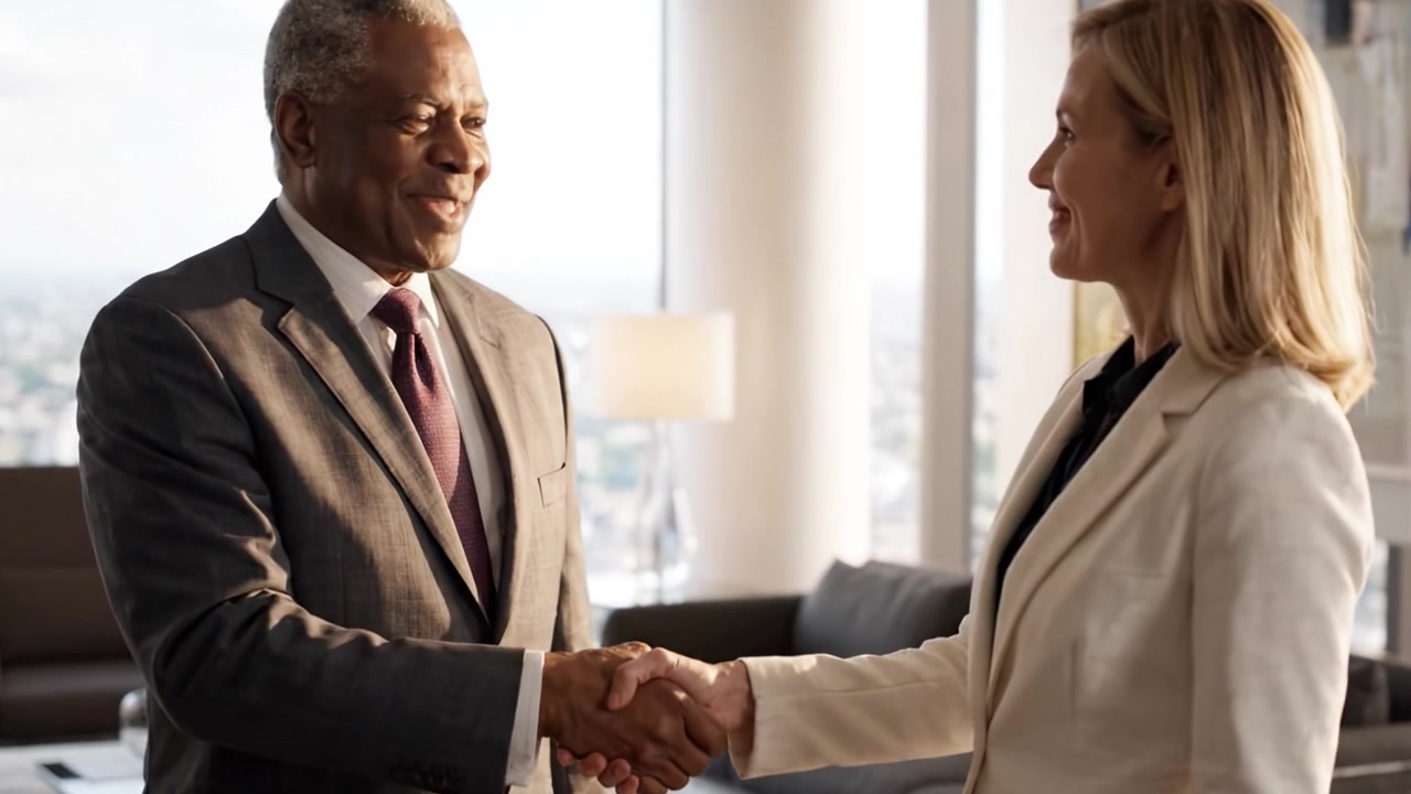 Professional Engagement: A Positive Business Meeting Between Two Professionals in a Modern Office Environment Highlighting Collaboration and Partnership
