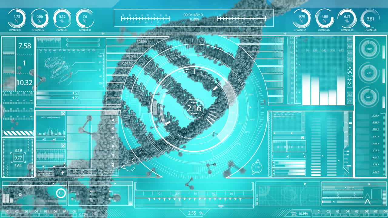 회전하는 dna와 분자 구조를 통해 데이터 처리하는 인터페이스의 애니메이션