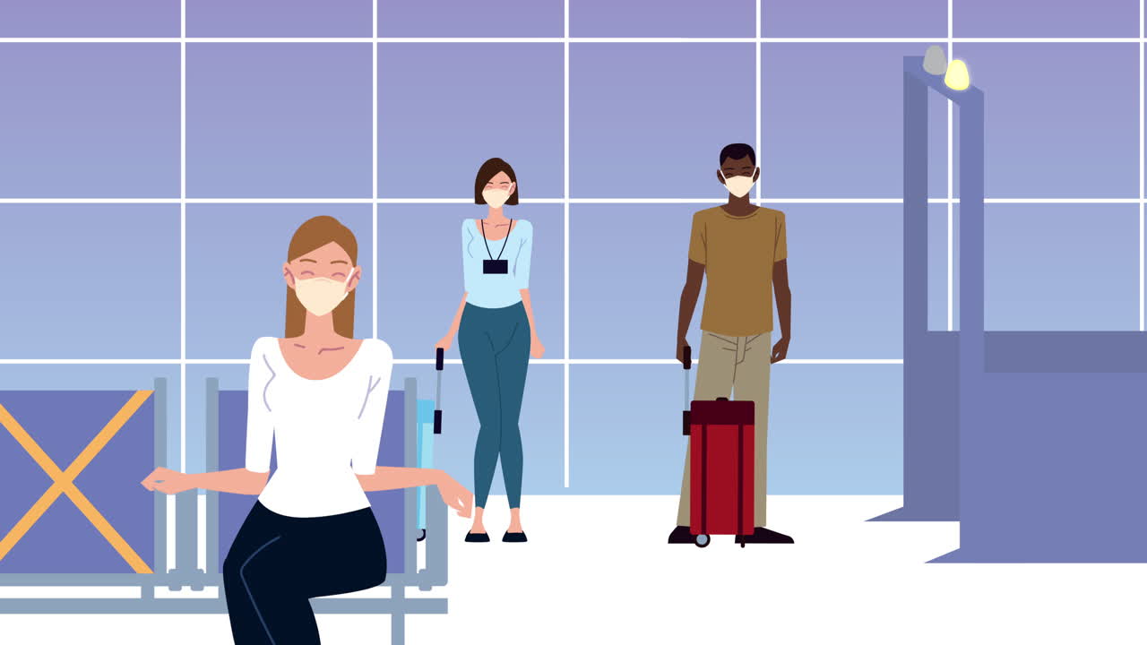 personas con máscaras en el puesto de control de seguridad del aeropuerto