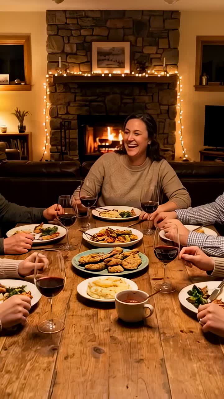 Vertical video: Laughing woman in knit sparking others taking dinner at home table with fireplace