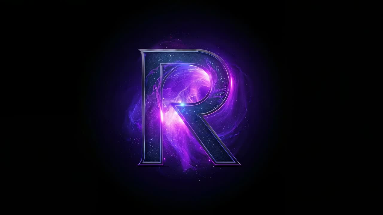 Pulsing stylized letter R glowing in cosmic void, with purple nebula swirl and star particles