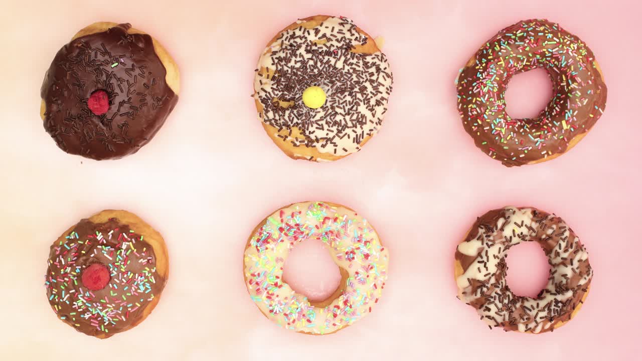 seis deliciosas rosquillas decoradas con chocolate cambiando sobre un fondo rosado - detenga el movimiento