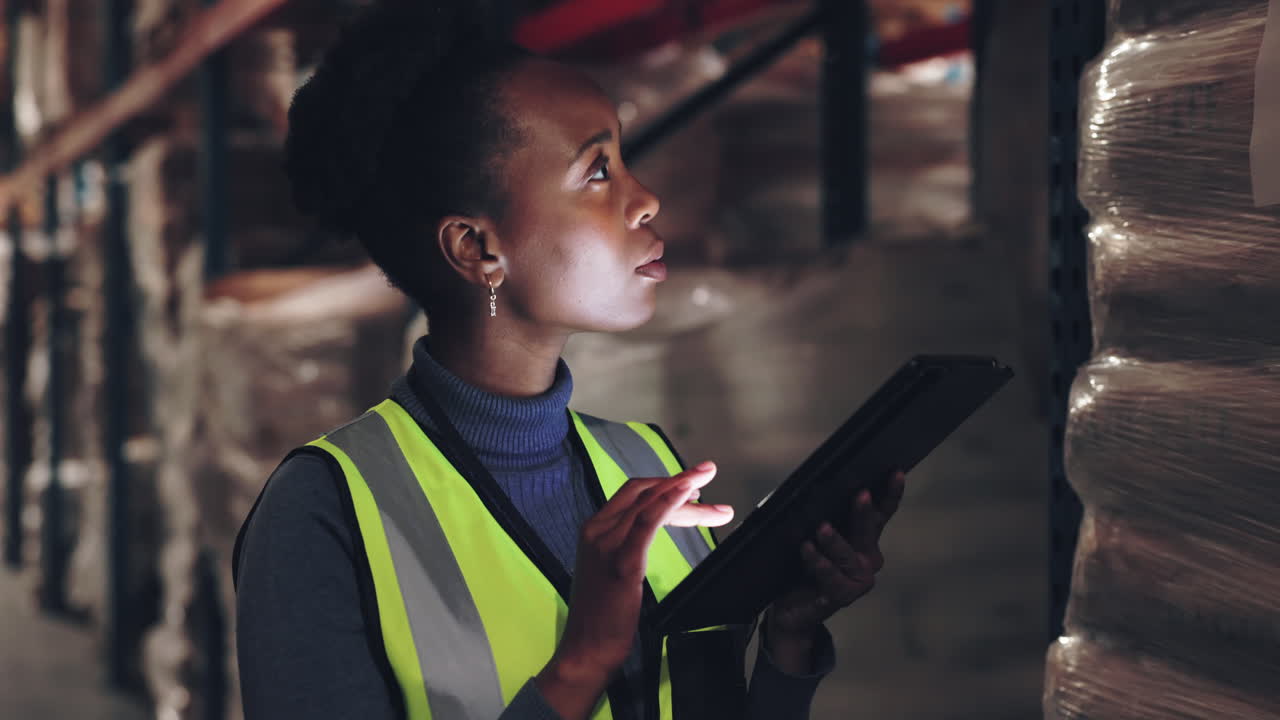 Woman working in a warehouse using a tablet