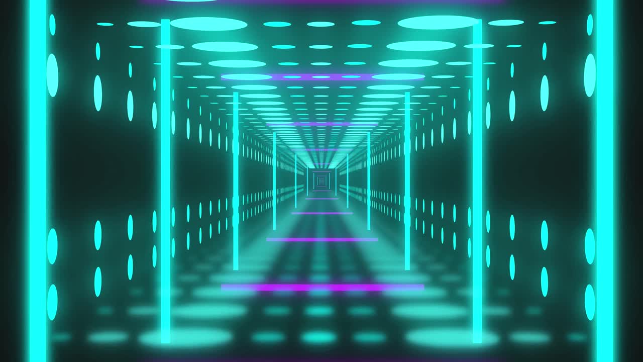 animación de cuadrados de neón y puntos sobre el túnel digital.