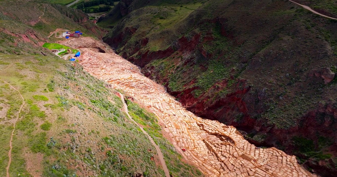 Valles Montañosos Remotos, Lugar de Trabajo en Cantera, Extracción de Minerales, Paisajes Áridos, Salinas de Maras, Perú, Vista Aérea Cinematográfica.