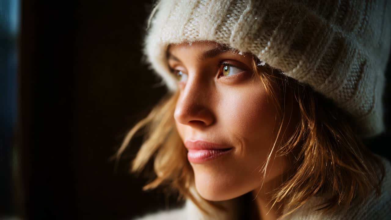 A serene close-up of a young woman with a warm smile, wearing a cozy knitted hat, highlighting her radiant eyes and gentle expression as soft light softly illuminates her face against a dark background
