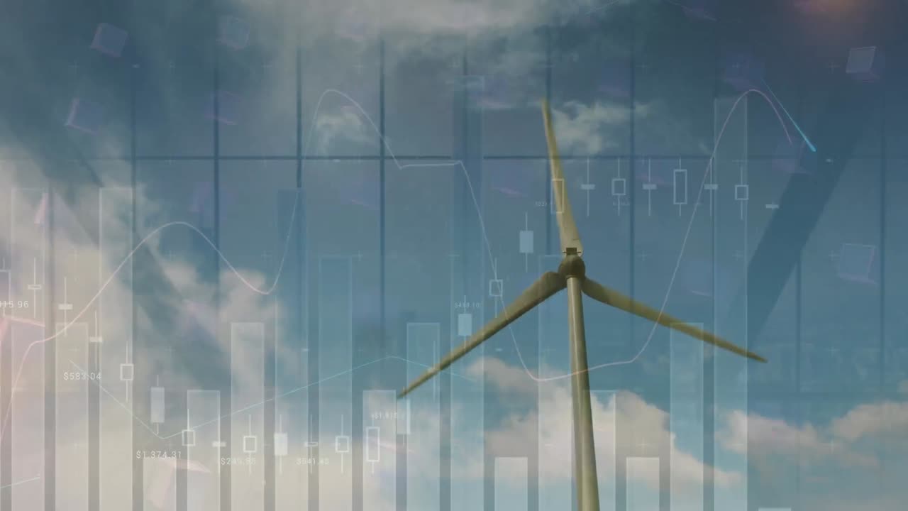 Animation of data and graphs over wind turbine moving over sky with clouds