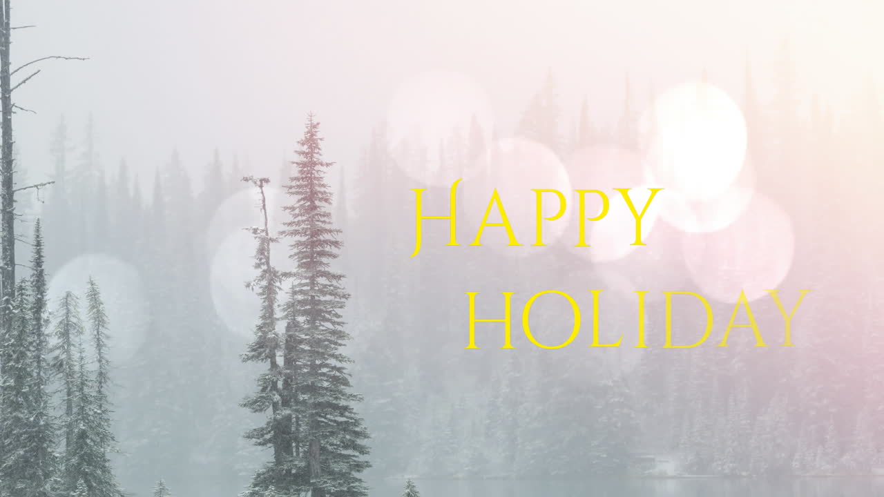 배경 에 빛 의 반점 과 소나무 들 이 있는 행복 한 휴일 텍스트 의 애니메이션