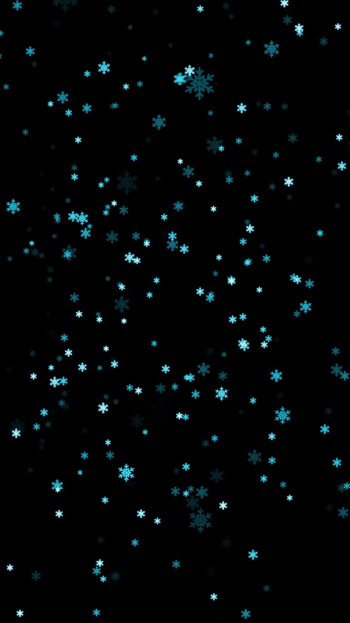Luminous blue snowflakes and sparkling frost crystals falling on black background