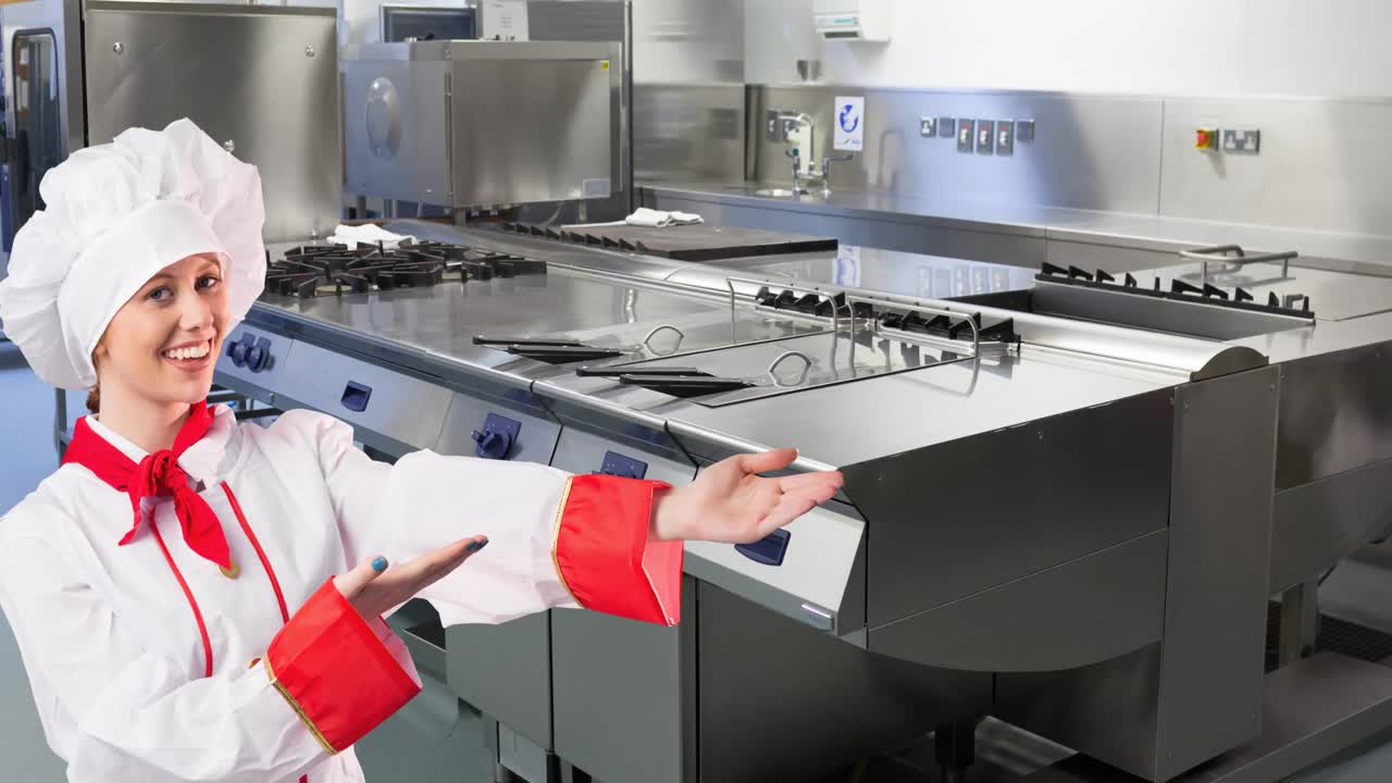 animación de una chef caucásica sobre una cocina vacía