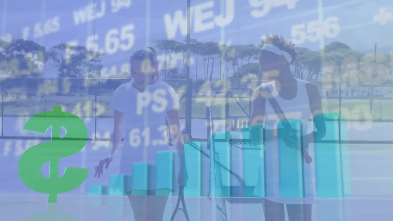 animación del procesamiento de datos financieros con el símbolo del dólar sobre diversos jugadores de tenis.