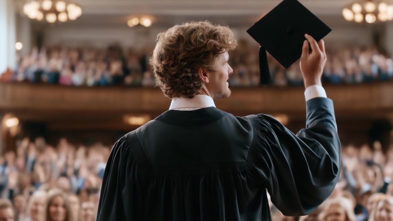 Un laureato orgoglioso celebra i successi in mezzo a un pubblico affollato, rivolgendosi a famiglia e amici in un momento di trionfo e gioia durante la cerimonia di laurea