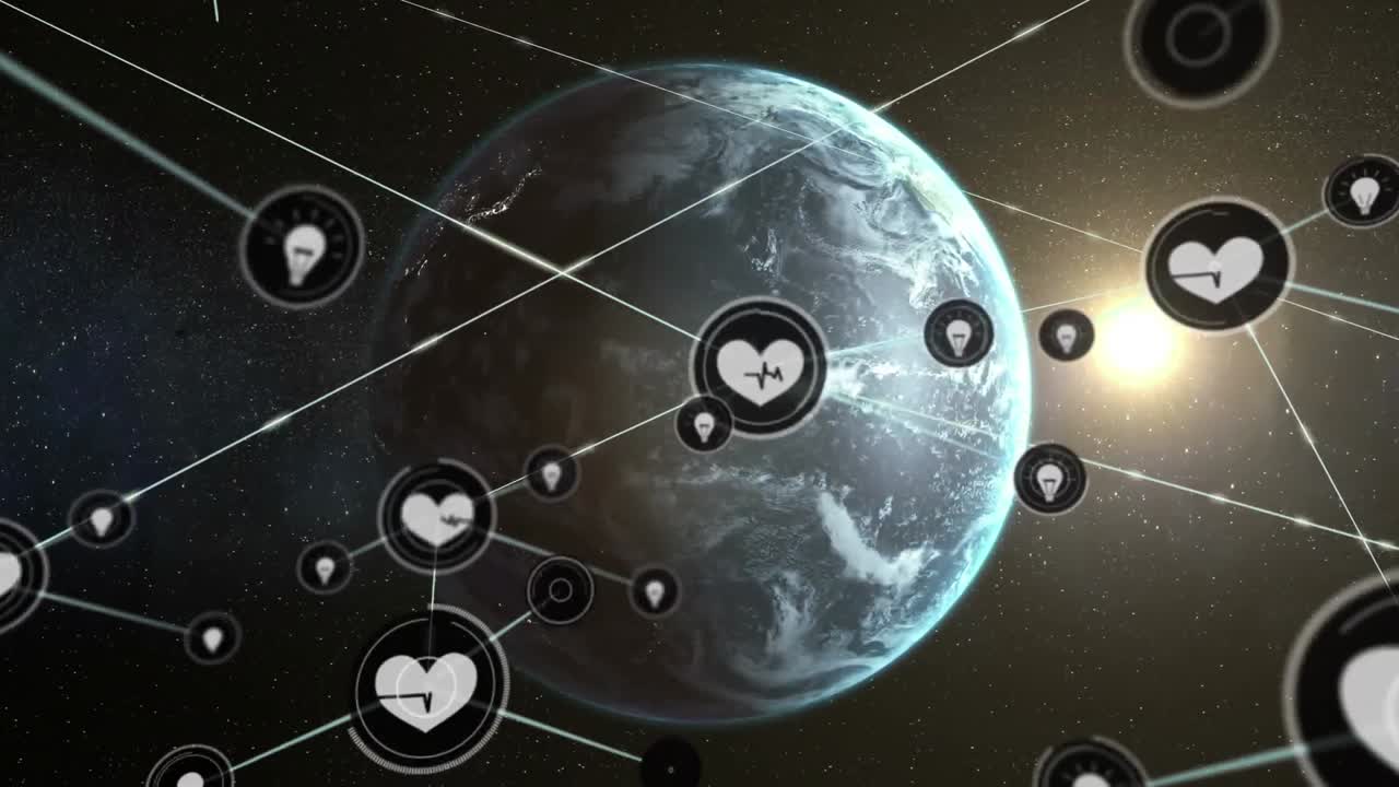 animación de iconos conectados con líneas sobre el globo giratorio contra el sol en el espacio