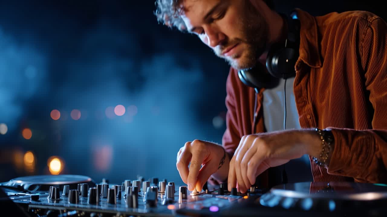 Il DJ si concentra intensamente sui controlli. Fumo blu gli vortica intorno, aggiungendo atmosfera. Le sue mani si muovono con precisione sui piatti. Indossa le cuffie, con gli occhi fissi sulla musica.