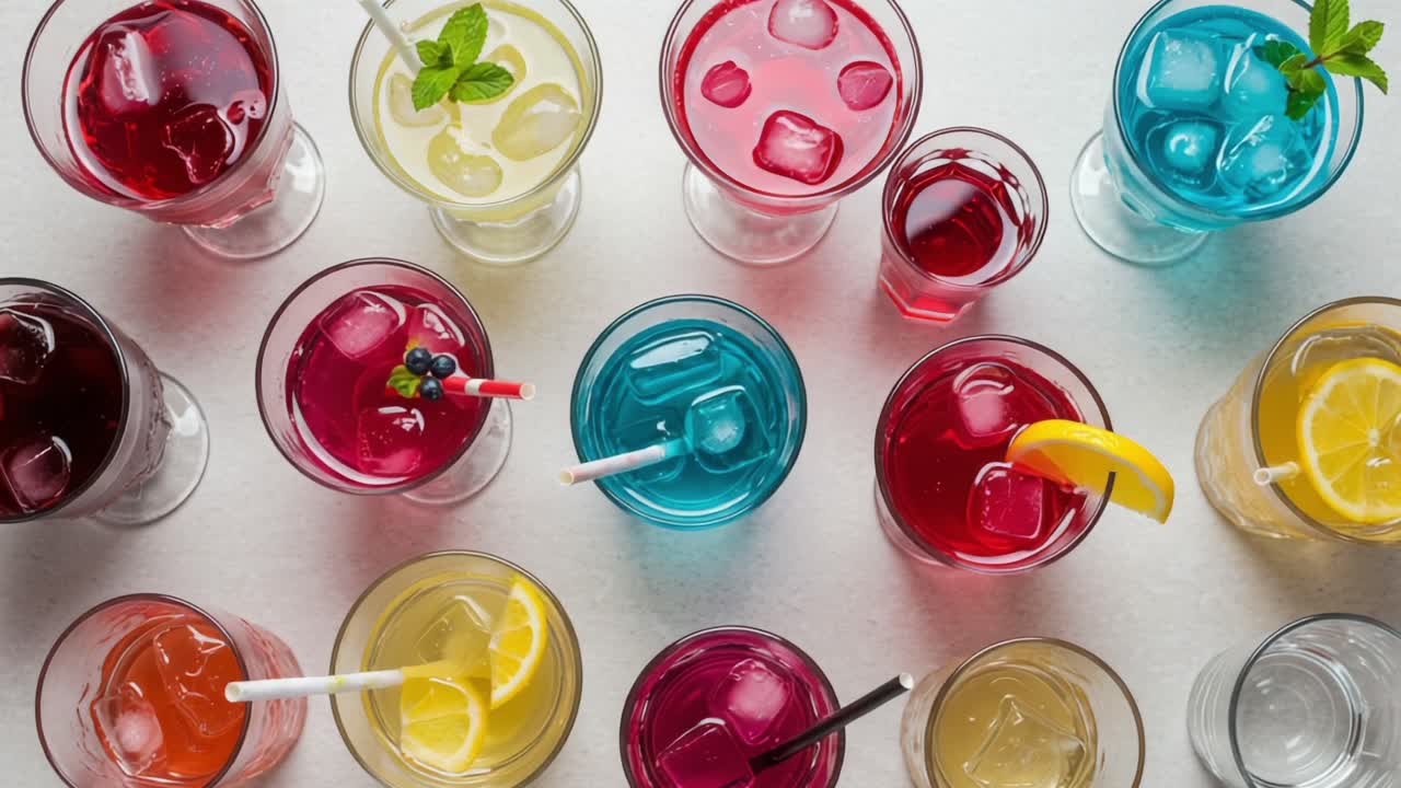 A Colorful Array of Refreshing Beverages: A Vibrant Display of Various Delicious Drinks with Ice, Fruits, and Garnishes That Entice the Senses