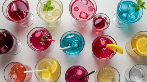 a colorful array of refreshing beverages: a vibrant display of various delicious drinks with ice, fruits, and garnishes that entice the senses